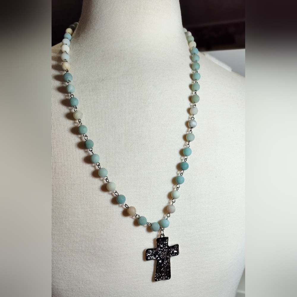 Silver Cross On Long Beaded Necklace Nwot